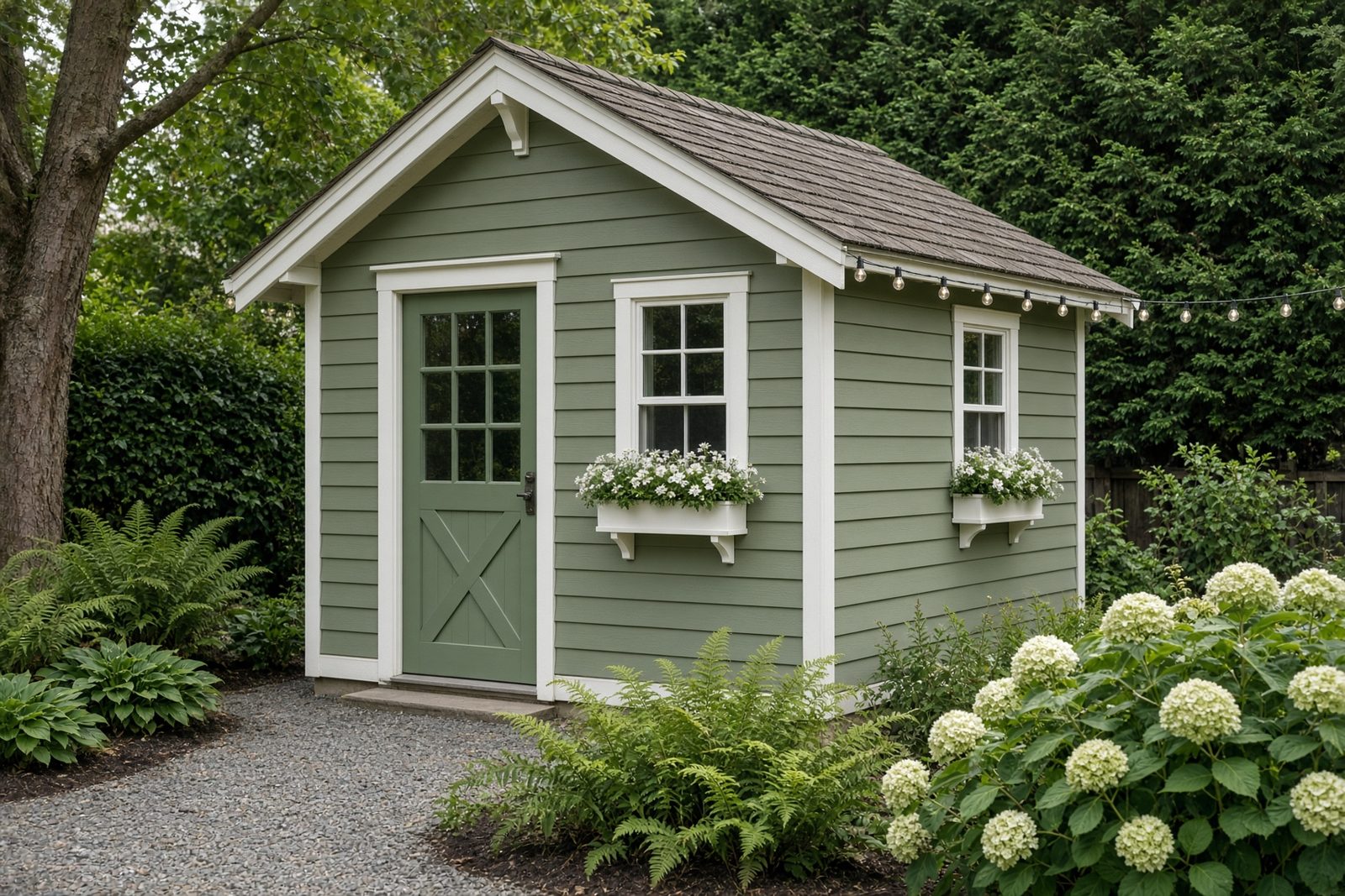 Cedar Cottage, a sage clapboard she shed with a cedar shingles